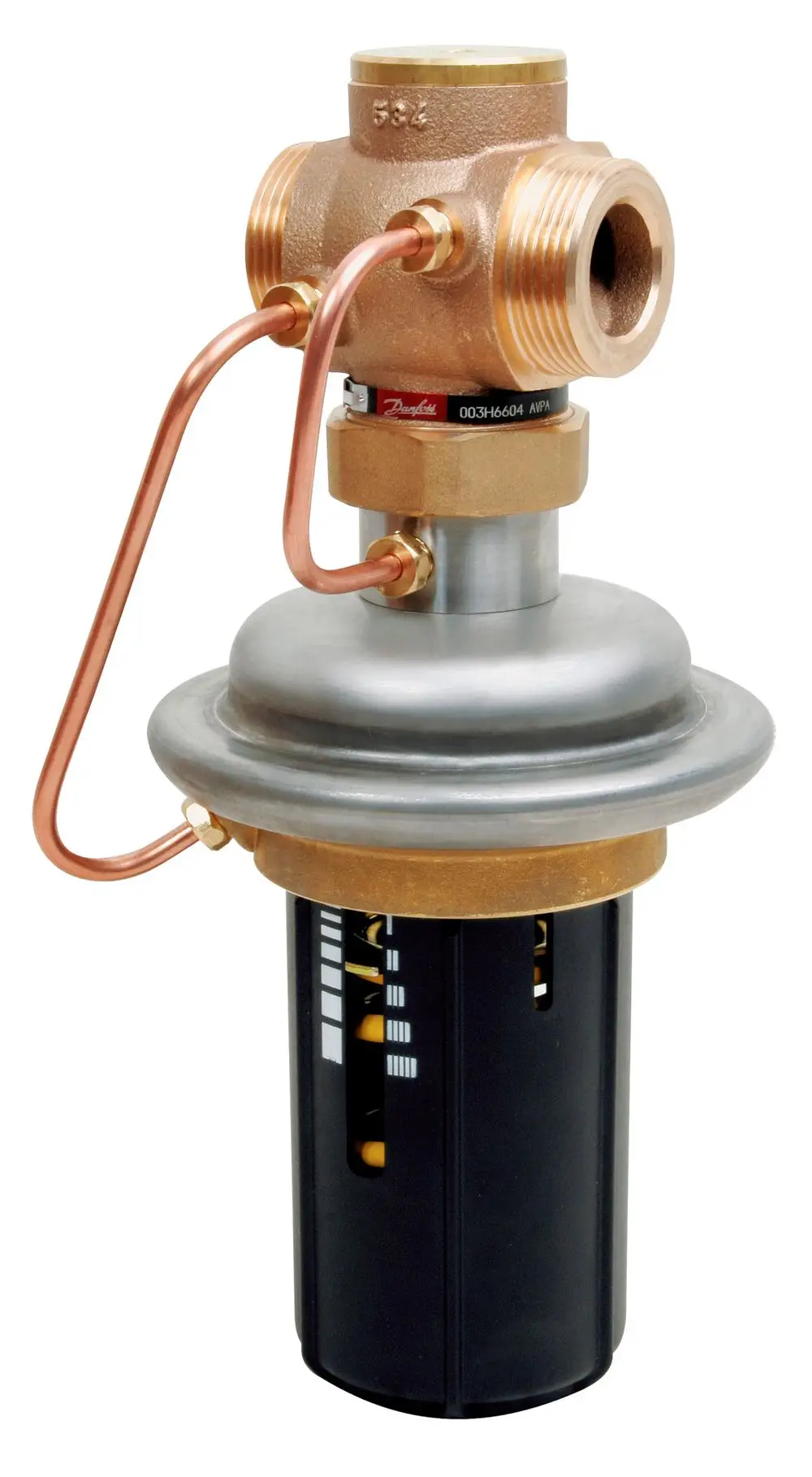 Danfoss Überströmregler mit zwei Kupferrohren und einem schwarzen Kunststoffkörper. Der Regler zeigt verschiedene Markierungen zur Druckmessung an.